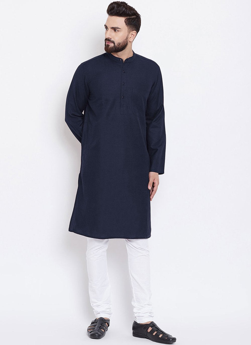 Kurta Pyjama Blended Cotton Blue Plain Mens