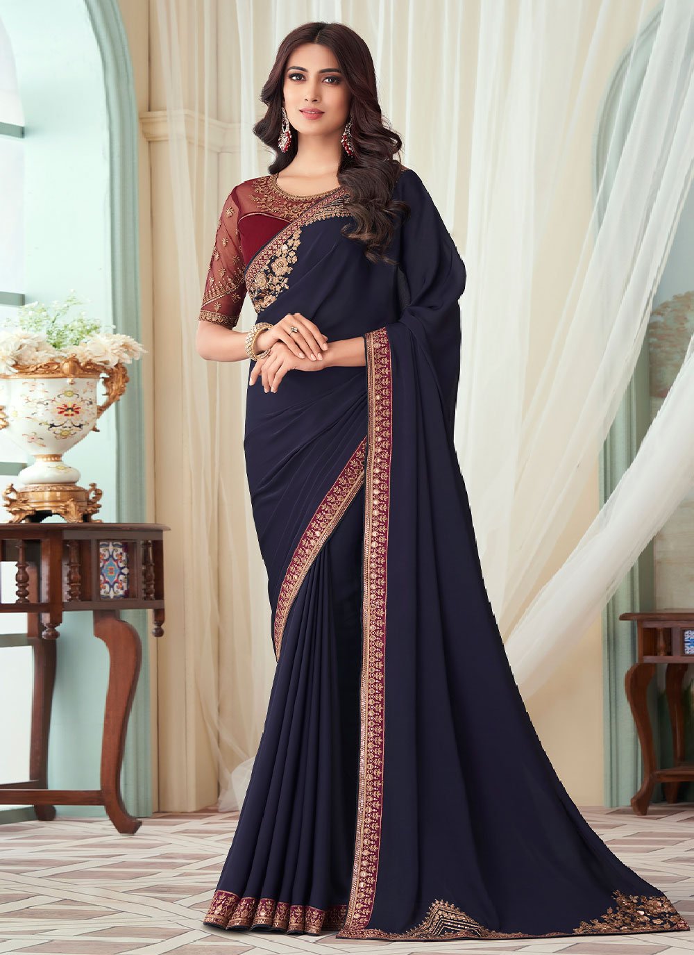 Trendy Saree Silk Blue Embroidered Saree