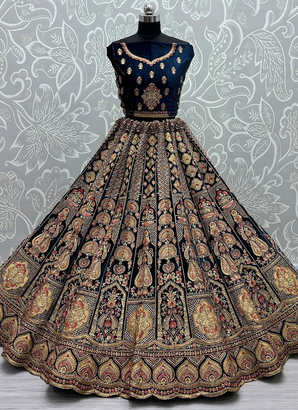 A Line Lehenga Velvet Blue Dori Work Lehenga Choli