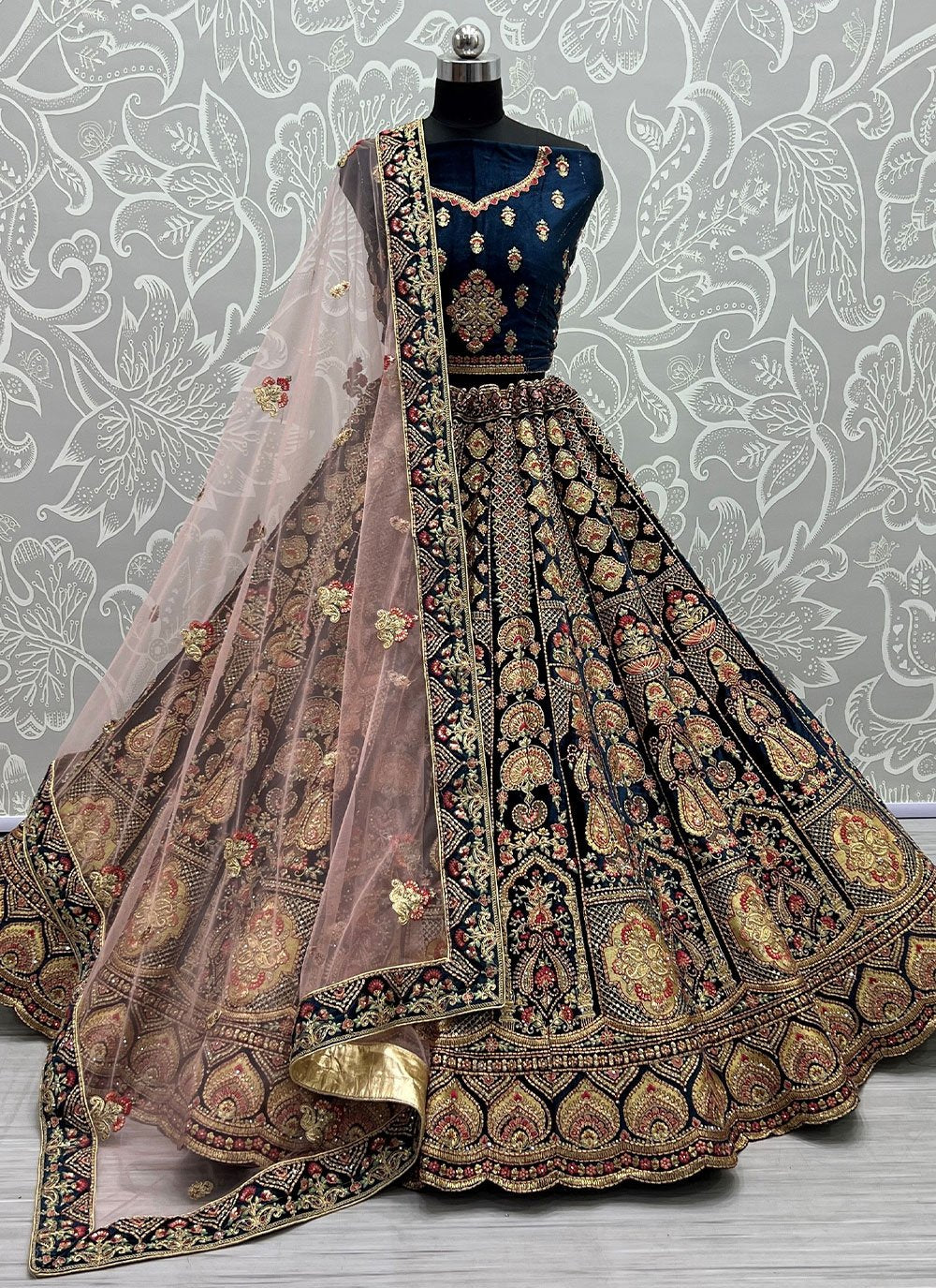 A Line Lehenga Velvet Blue Dori Work Lehenga Choli