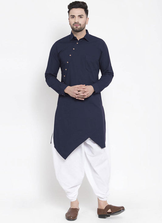 Indo Western Blended Cotton Blue Buttons Mens