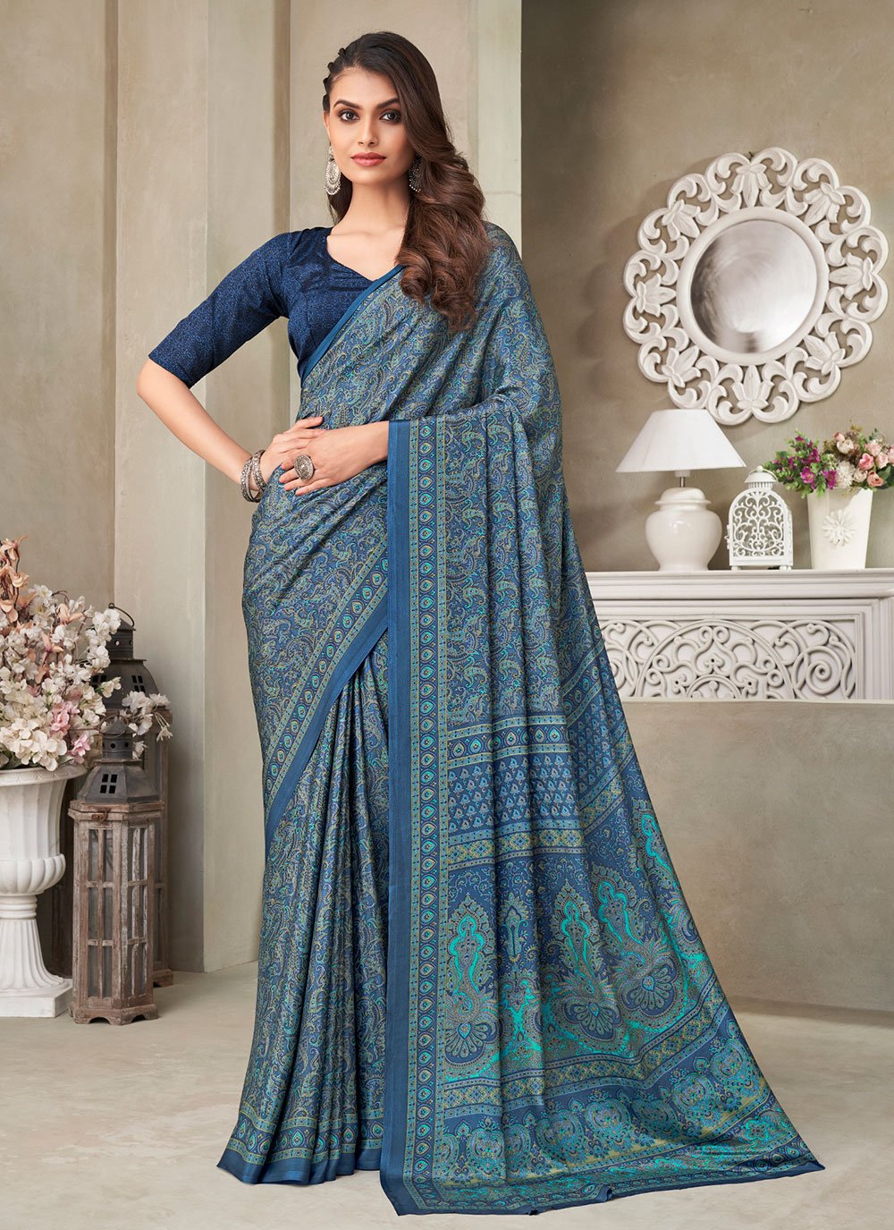 Contemporary Faux Crepe Silk Blue Print Saree