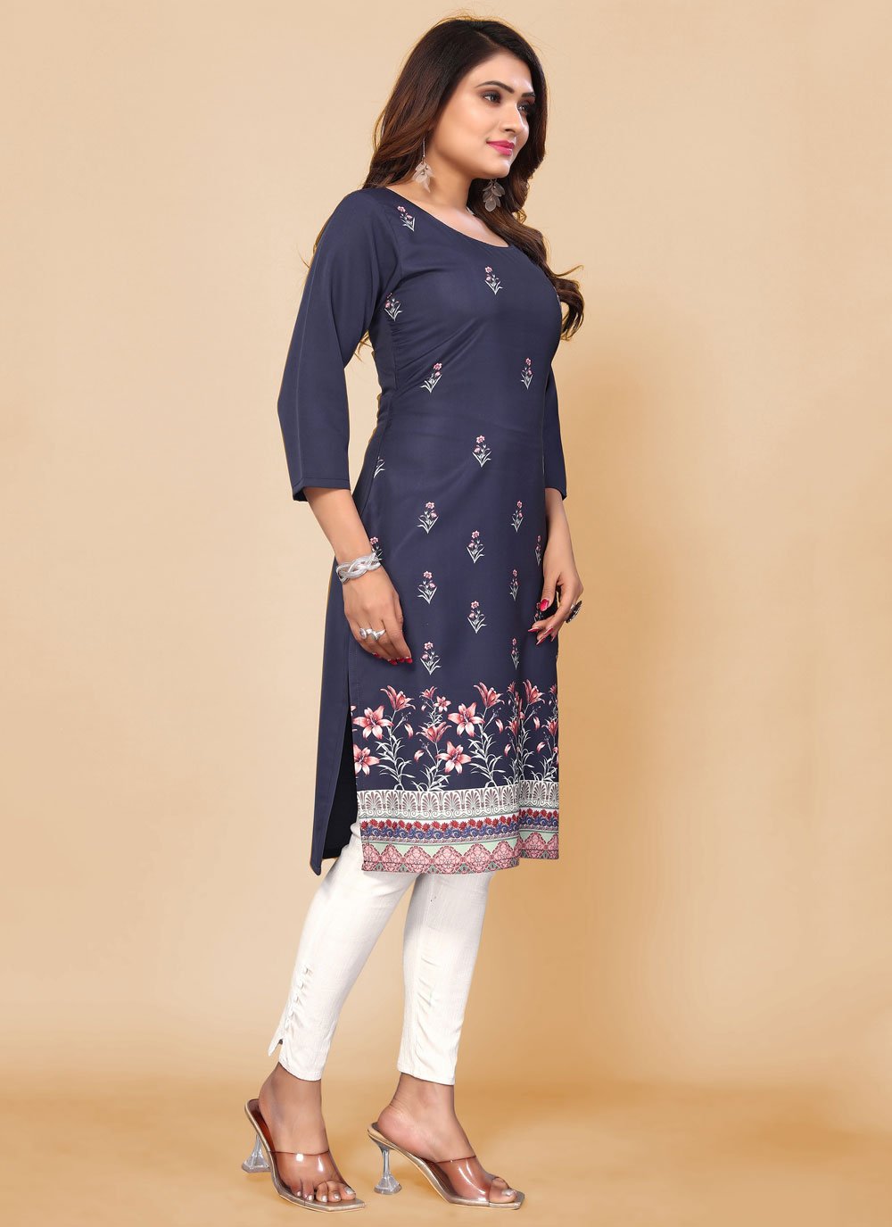 Casual Kurti Faux Crepe Blue Print Kurtis