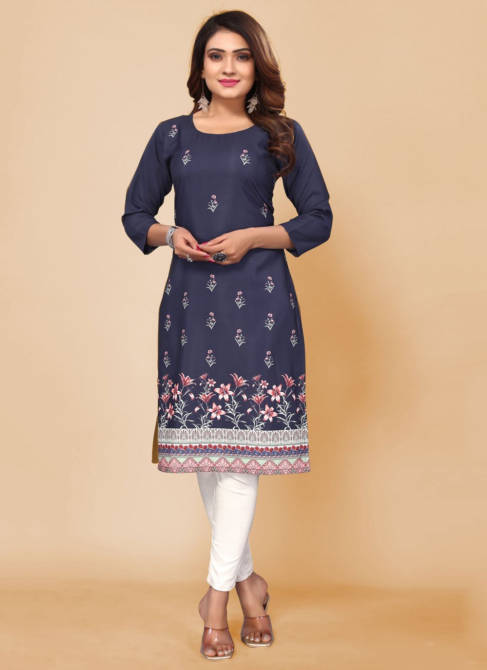 Casual Kurti Faux Crepe Blue Print Kurtis