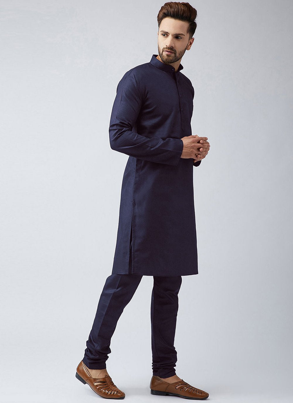 Kurta Blended Cotton Blue Plain Mens