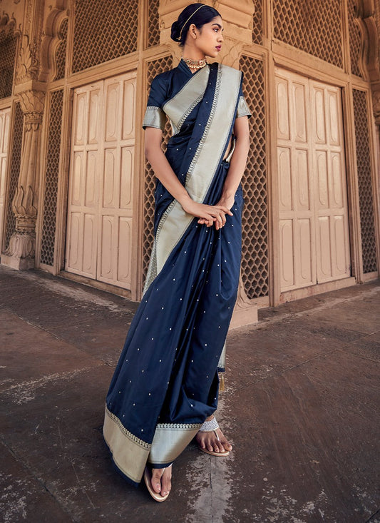 Contemporary Banarasi Silk Satin Silk Blue Weaving Saree