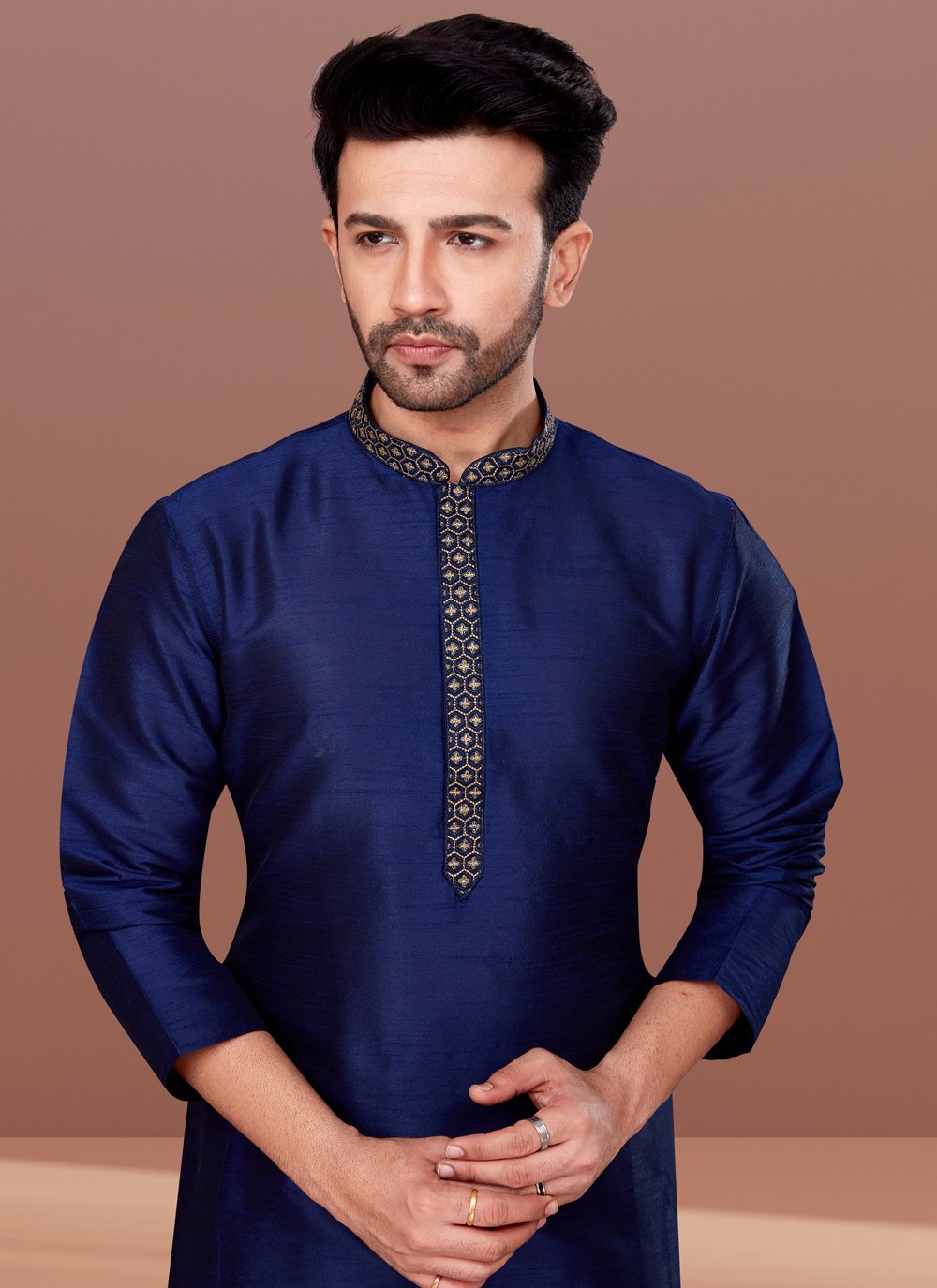 Kurta Pyjama Dupion Silk Blue Embroidered Mens