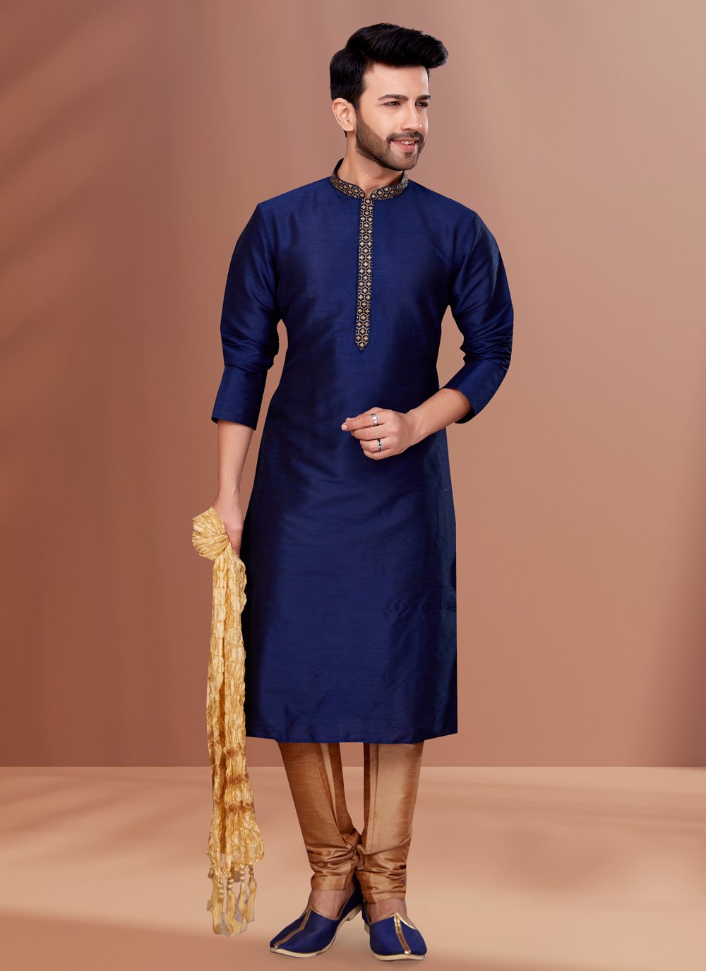 Kurta Pyjama Dupion Silk Blue Embroidered Mens