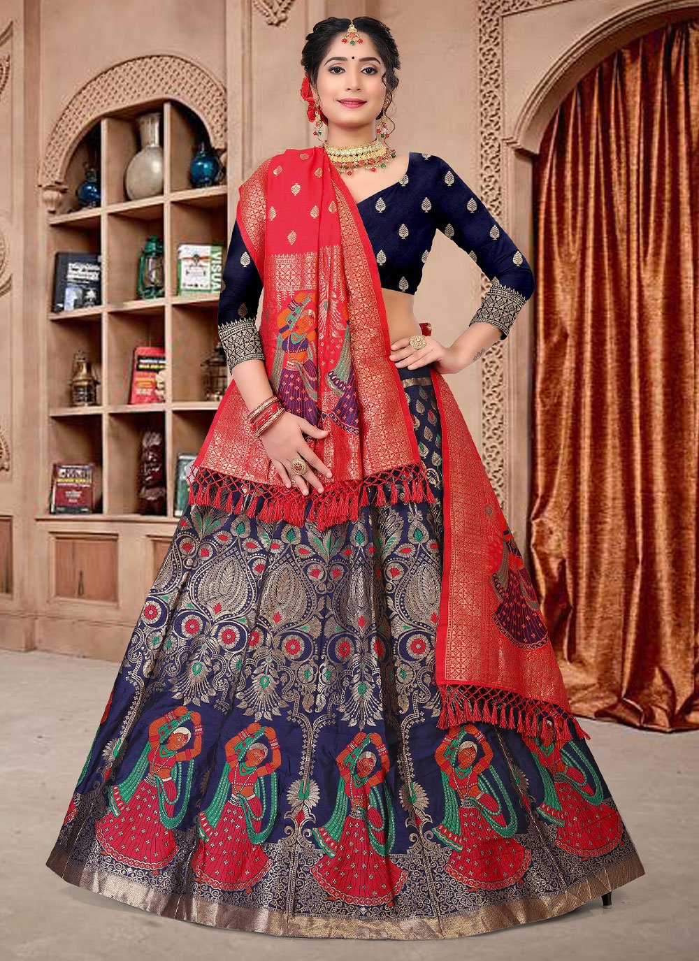 Lehenga Choli Jacquard Blue Woven Lehenga Choli