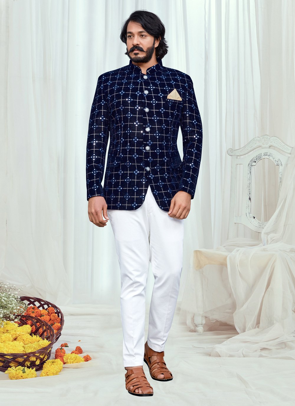 Jodhpuri Suit Velvet Blue Embroidered Mens