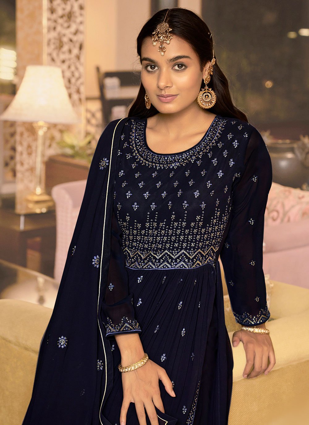 Palazzo Salwar Suit Georgette Blue Embroidered Salwar Kameez