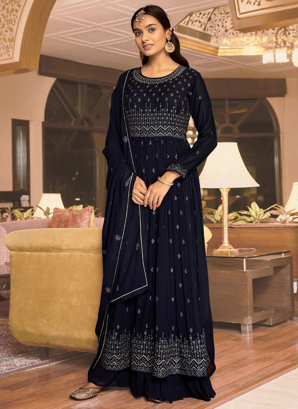 Palazzo Salwar Suit Georgette Blue Embroidered Salwar Kameez