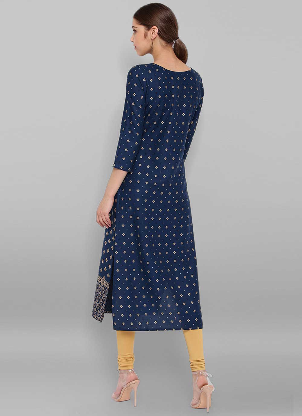 Casual Kurti Rayon Blue Foliage Print Kurtis