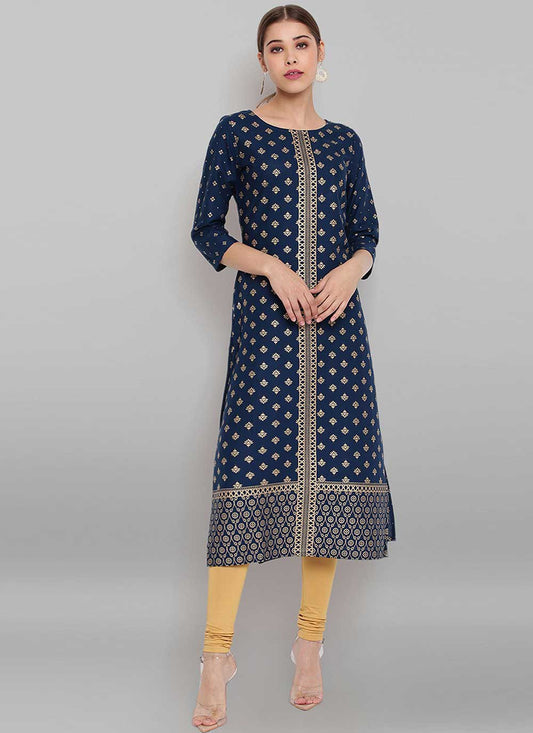 Casual Kurti Rayon Blue Foliage Print Kurtis