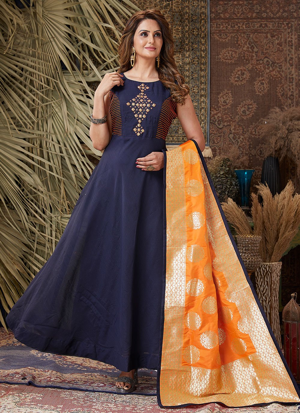 Floor Lenght Salwar Suit Chanderi Silk Blue Hand Work Salwar Kameez