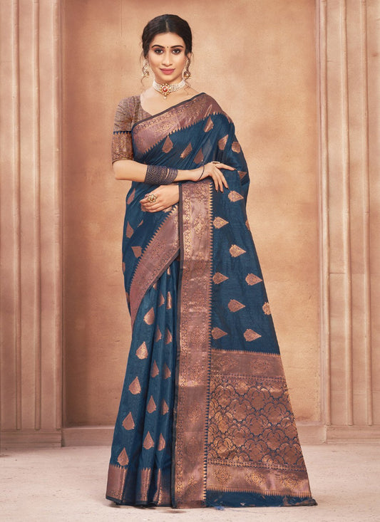 Classic Cotton Silk Blue Embroidered Saree