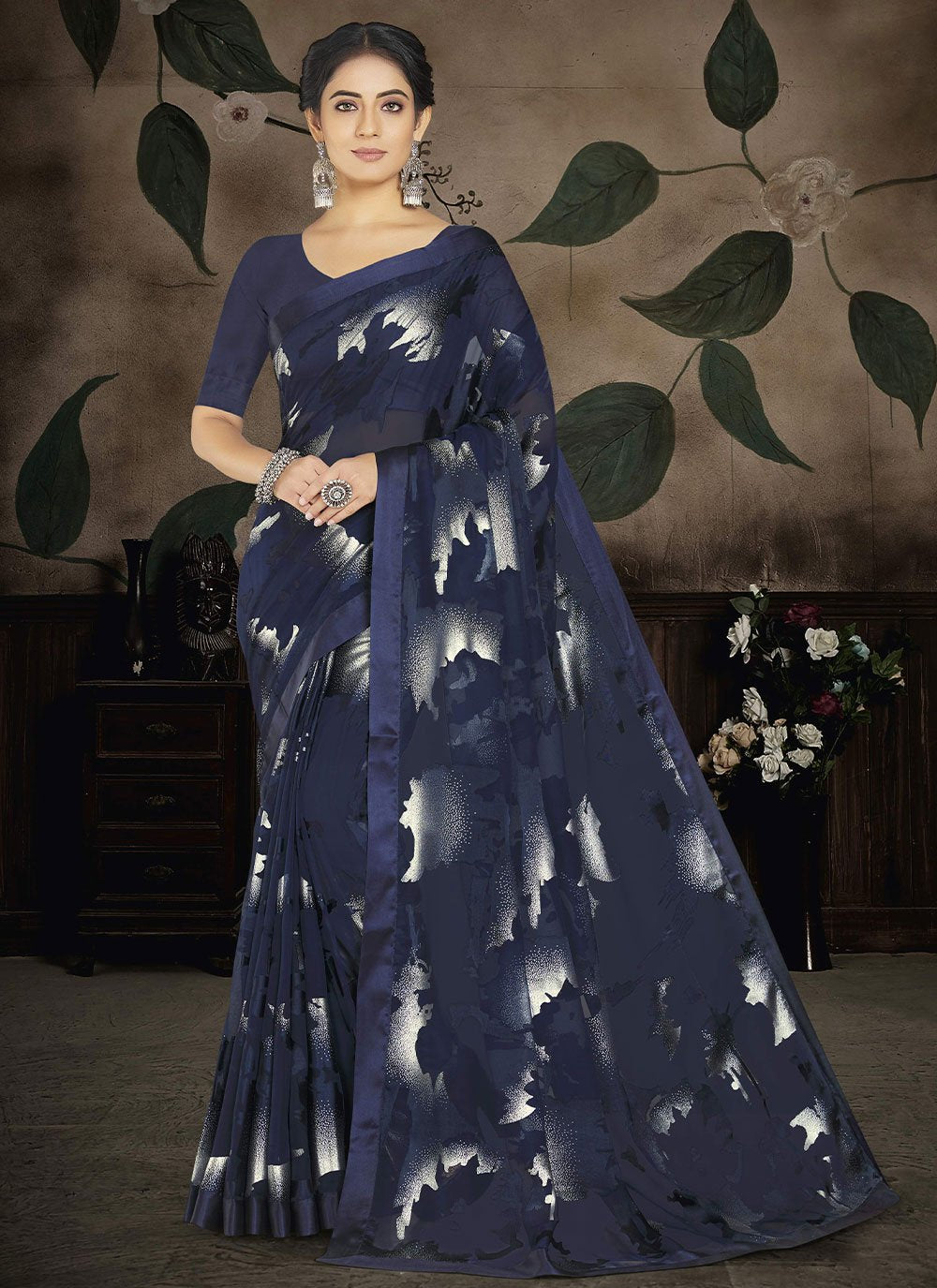 Classic Brasso Organza Blue Print Saree