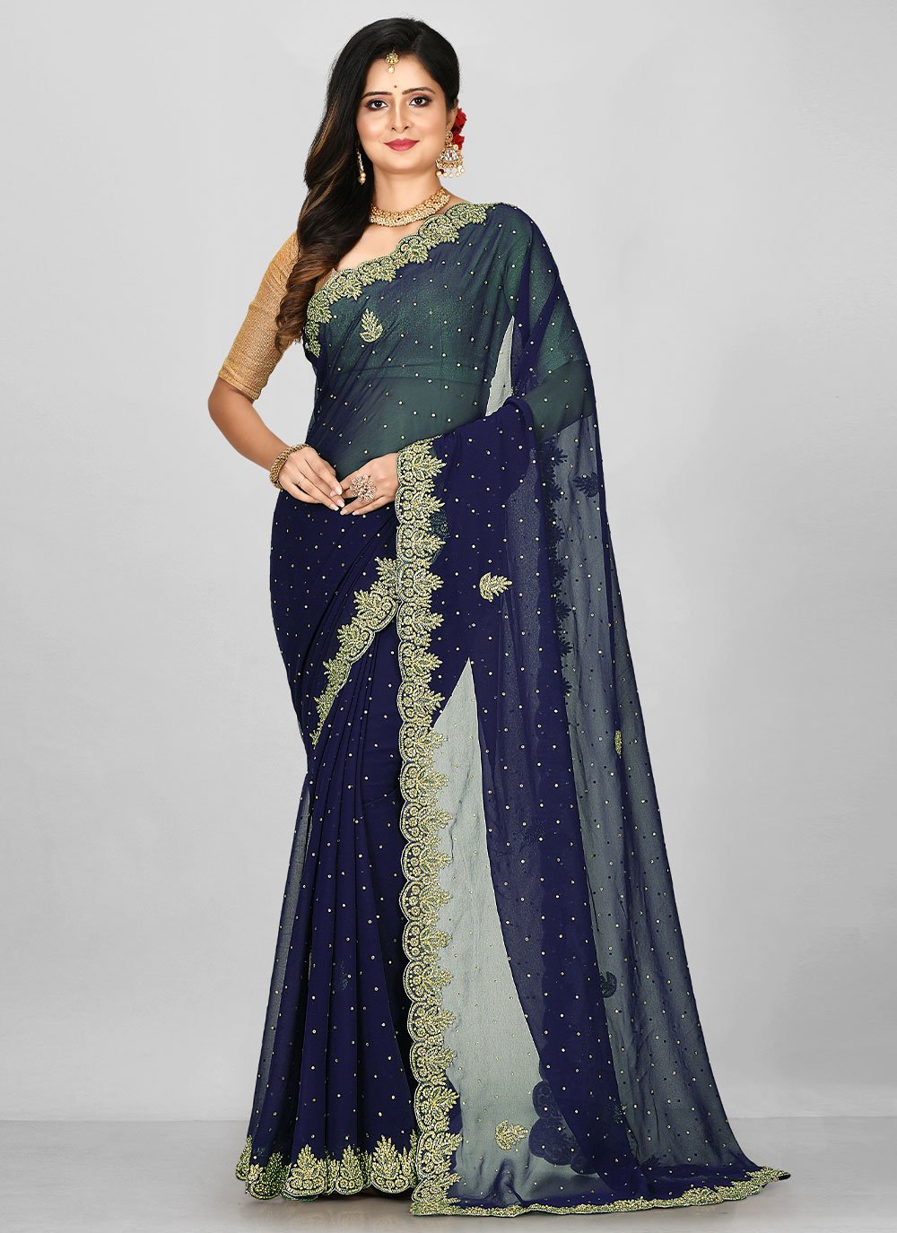 Classic Georgette Blue Hand Work Saree