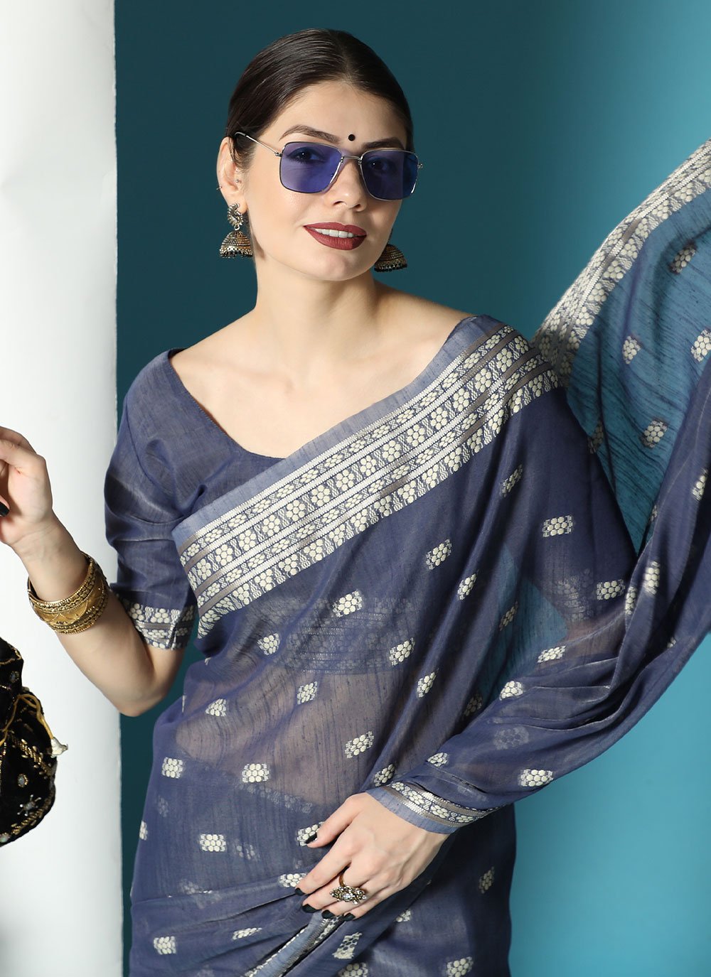 Classic Cotton Lucknowi Blue Chikankari Work Saree