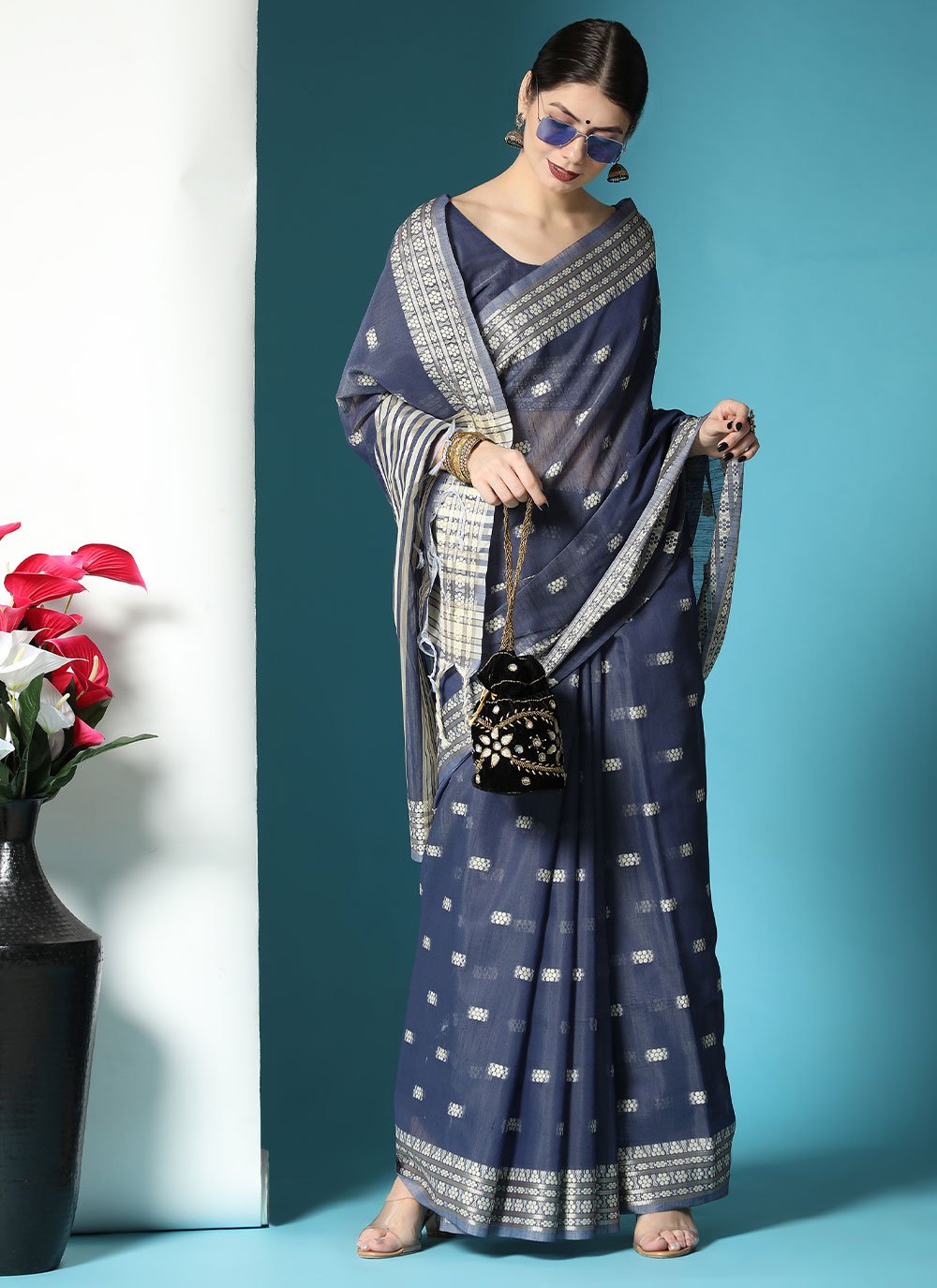 Classic Cotton Lucknowi Blue Chikankari Work Saree