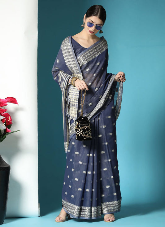 Classic Cotton Lucknowi Blue Chikankari Work Saree