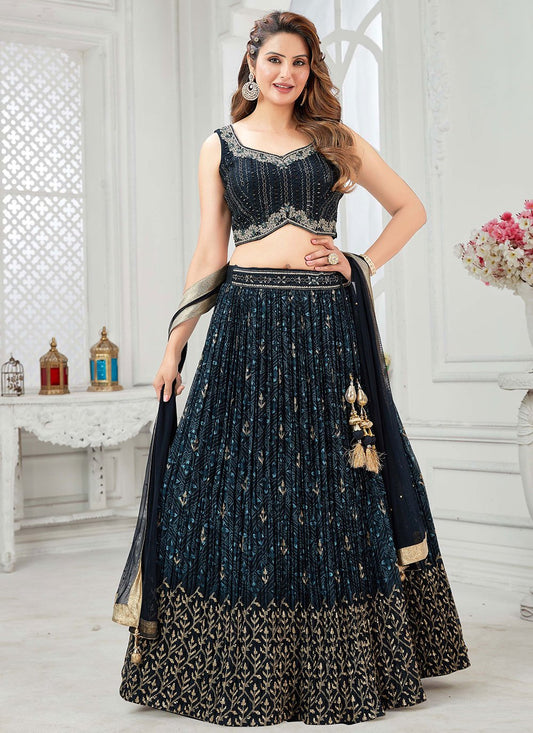 A Line Lehenga Silk Blue Print Lehenga Choli