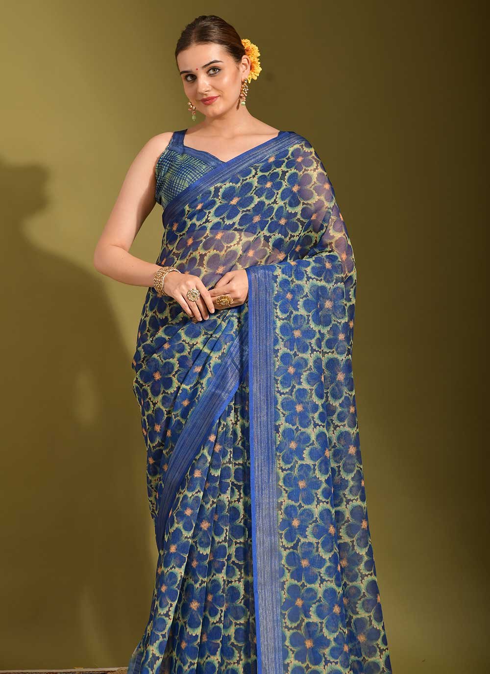 Classic Linen Blue Digital Print Saree