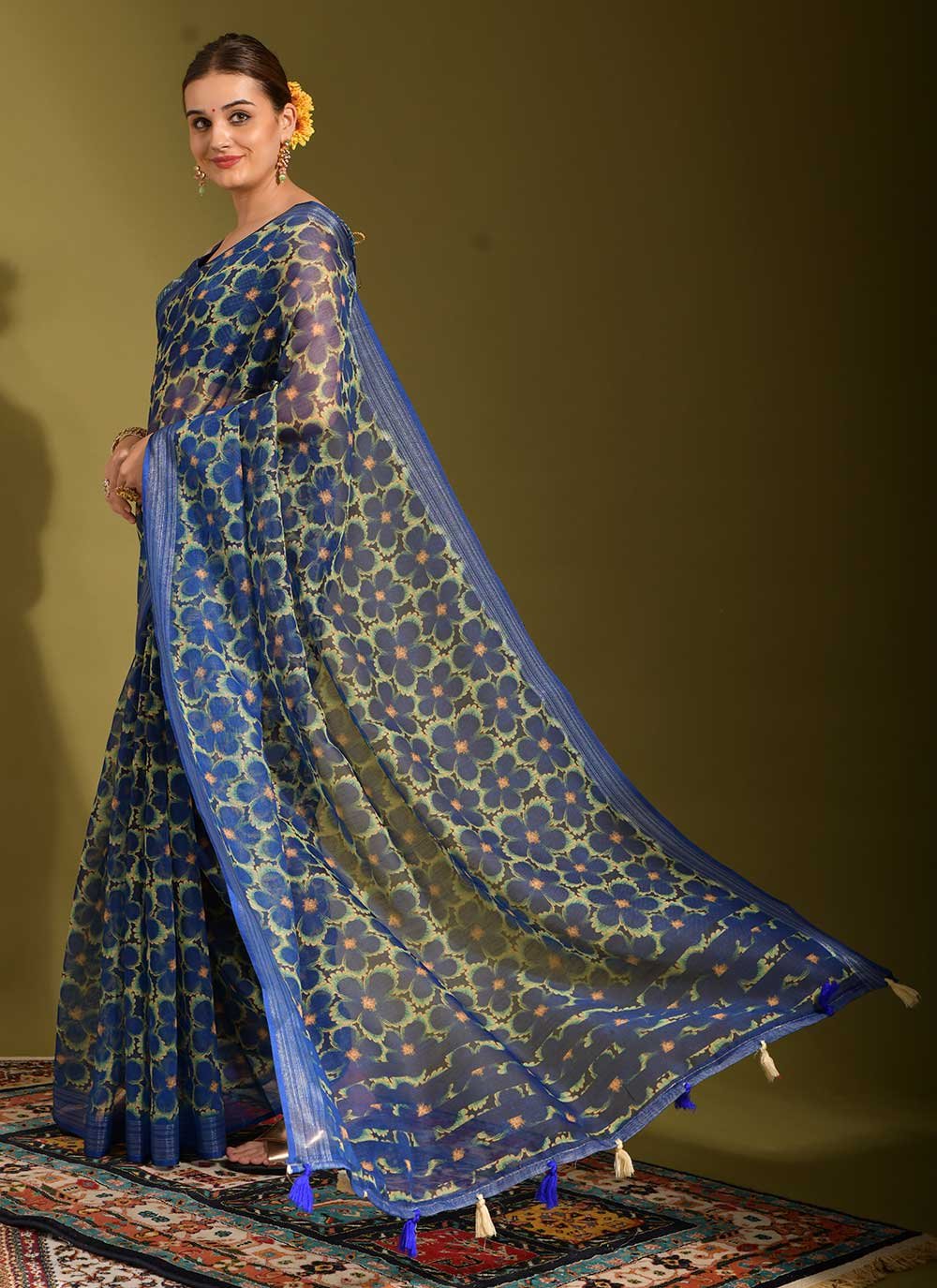 Classic Linen Blue Digital Print Saree