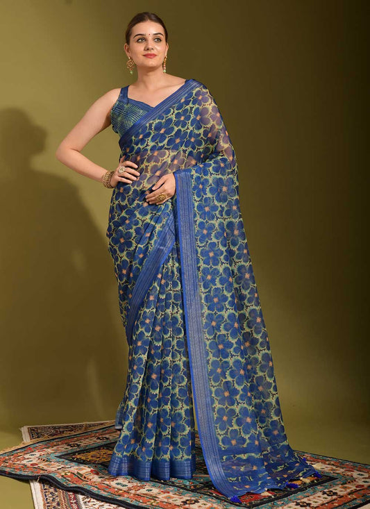 Classic Linen Blue Digital Print Saree