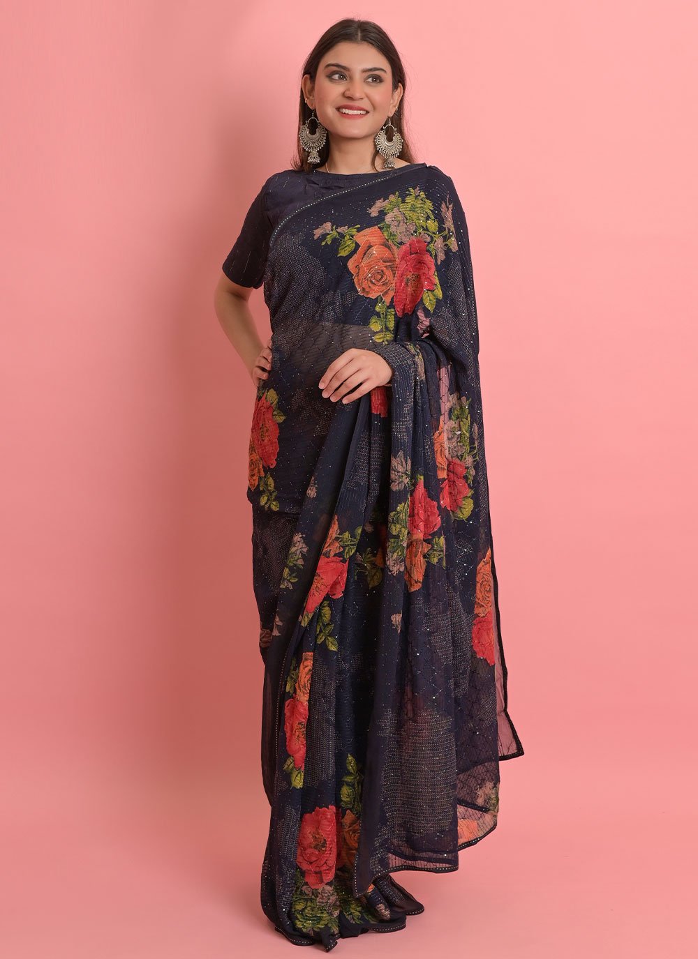 Classic Georgette Blue Floral Patch Saree