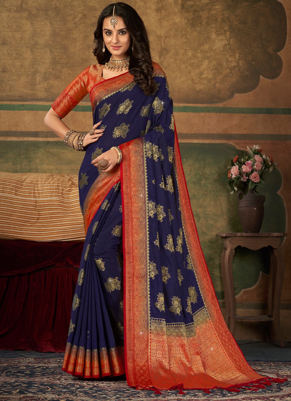 Contemporary Pure Dola Silk Blue Swarovski Saree