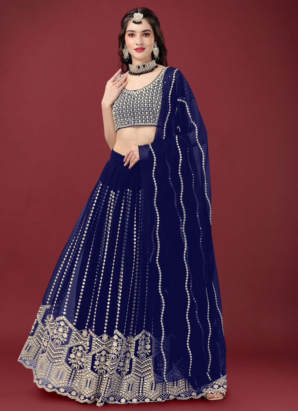 Lehenga Choli Faux Georgette Blue Embroidered Lehenga Choli