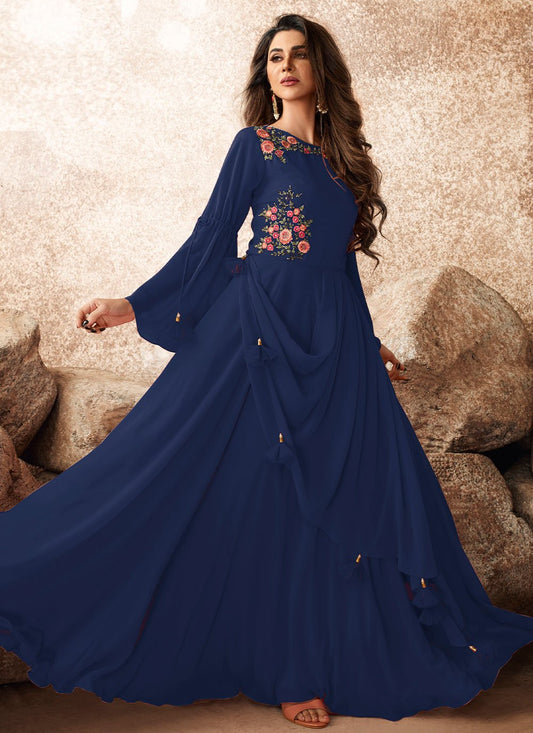 Gown Georgette Blue Embroidered Gown