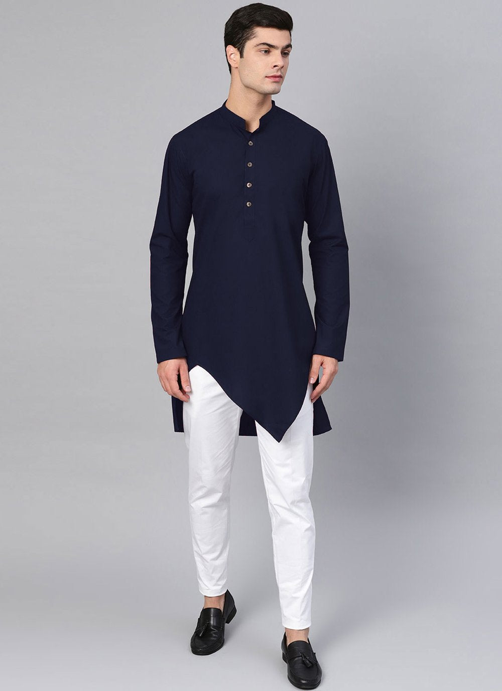 Kurta Blended Cotton Blue Buttons Mens