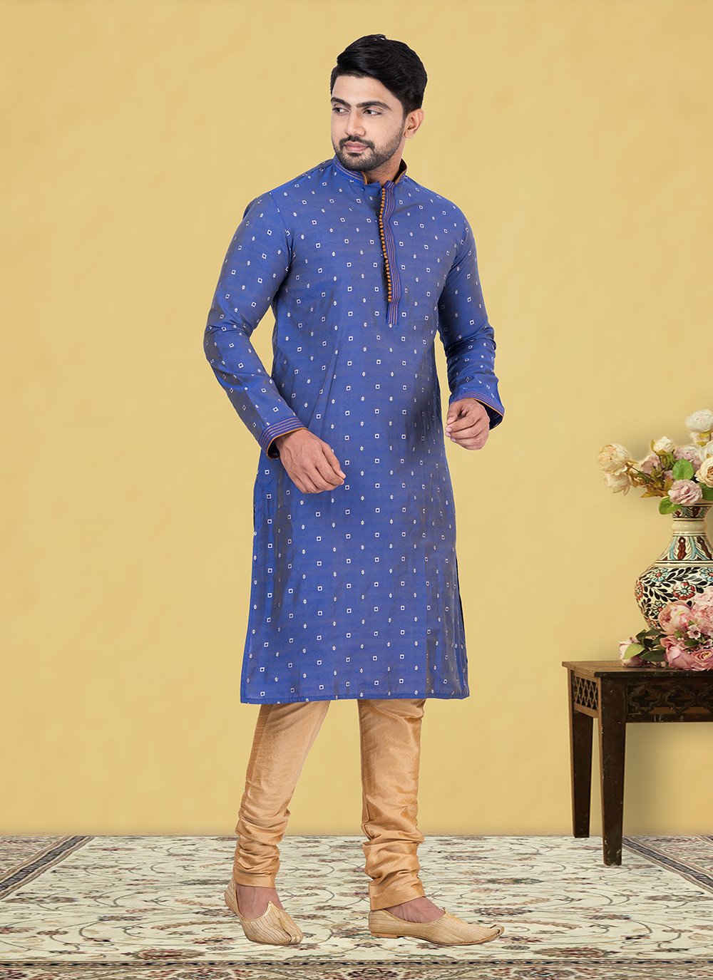 Kurta Pyjama Cotton Blue Fancy Work Mens