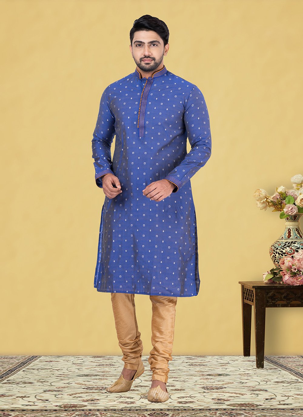 Kurta Pyjama Cotton Blue Fancy Work Mens