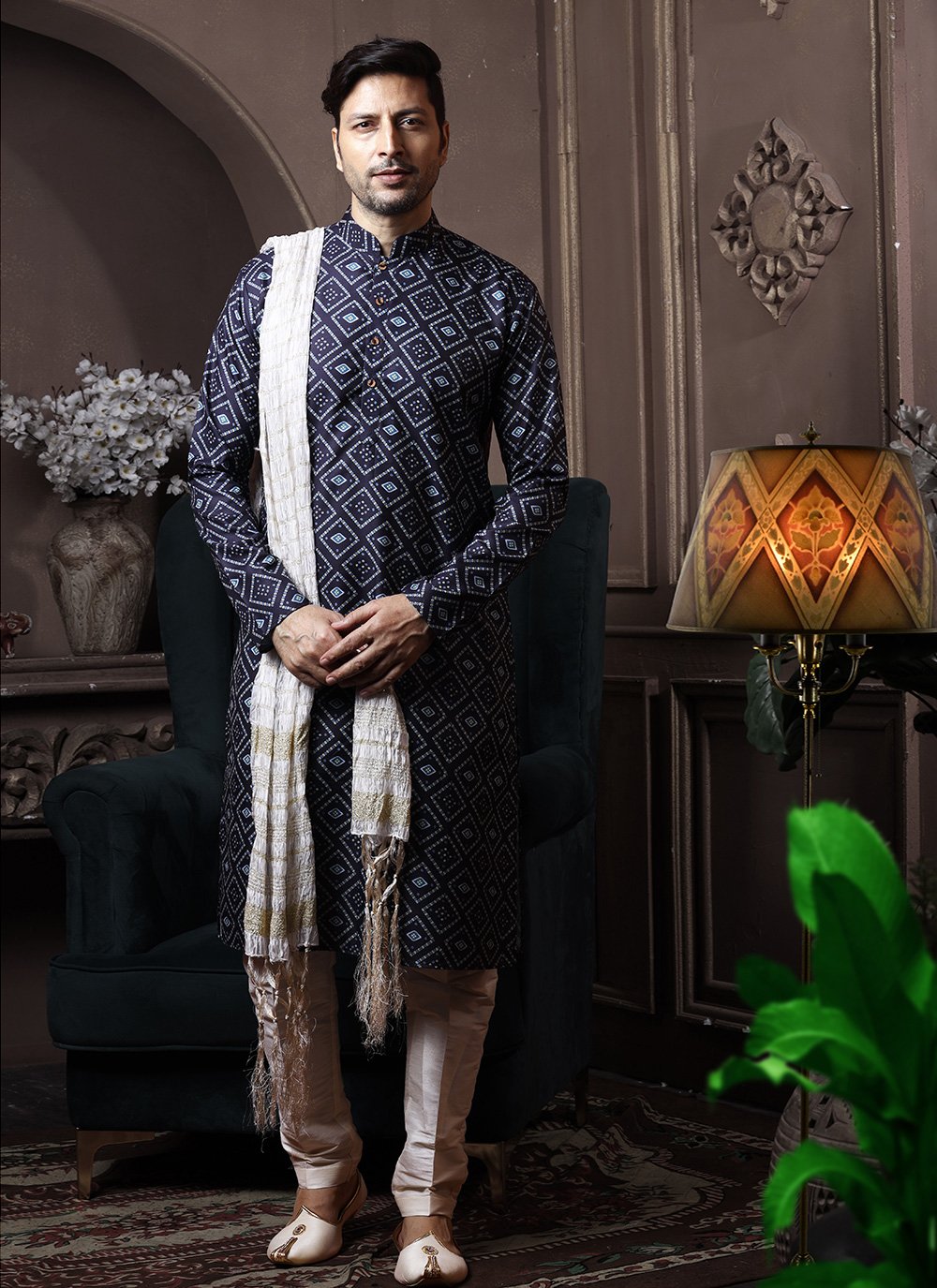 Kurta Pyjama Cotton Blue Print Mens