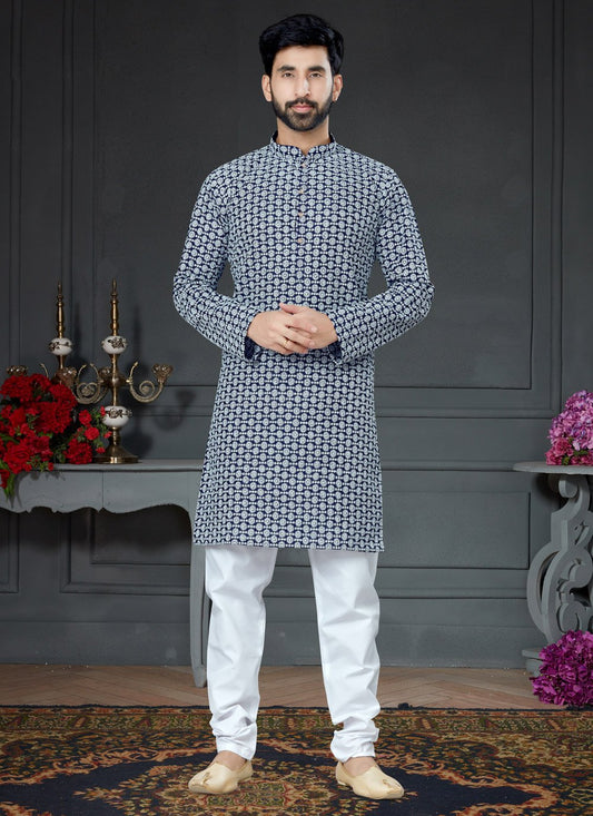 Kurta Pyjama Art Silk Cotton Blue Embroidered Mens