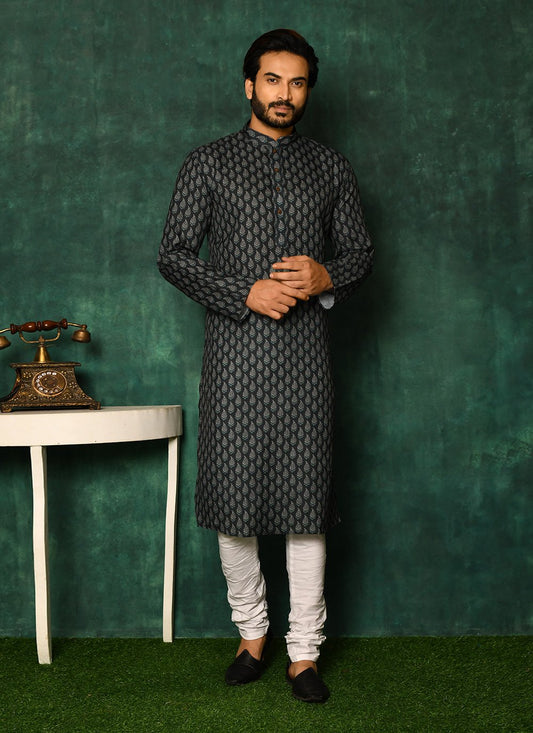 Kurta Pyjama Cotton Blue Print Mens