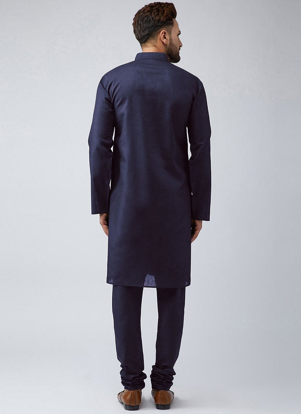 Kurta Pyjama Blended Cotton Blue Plain Mens