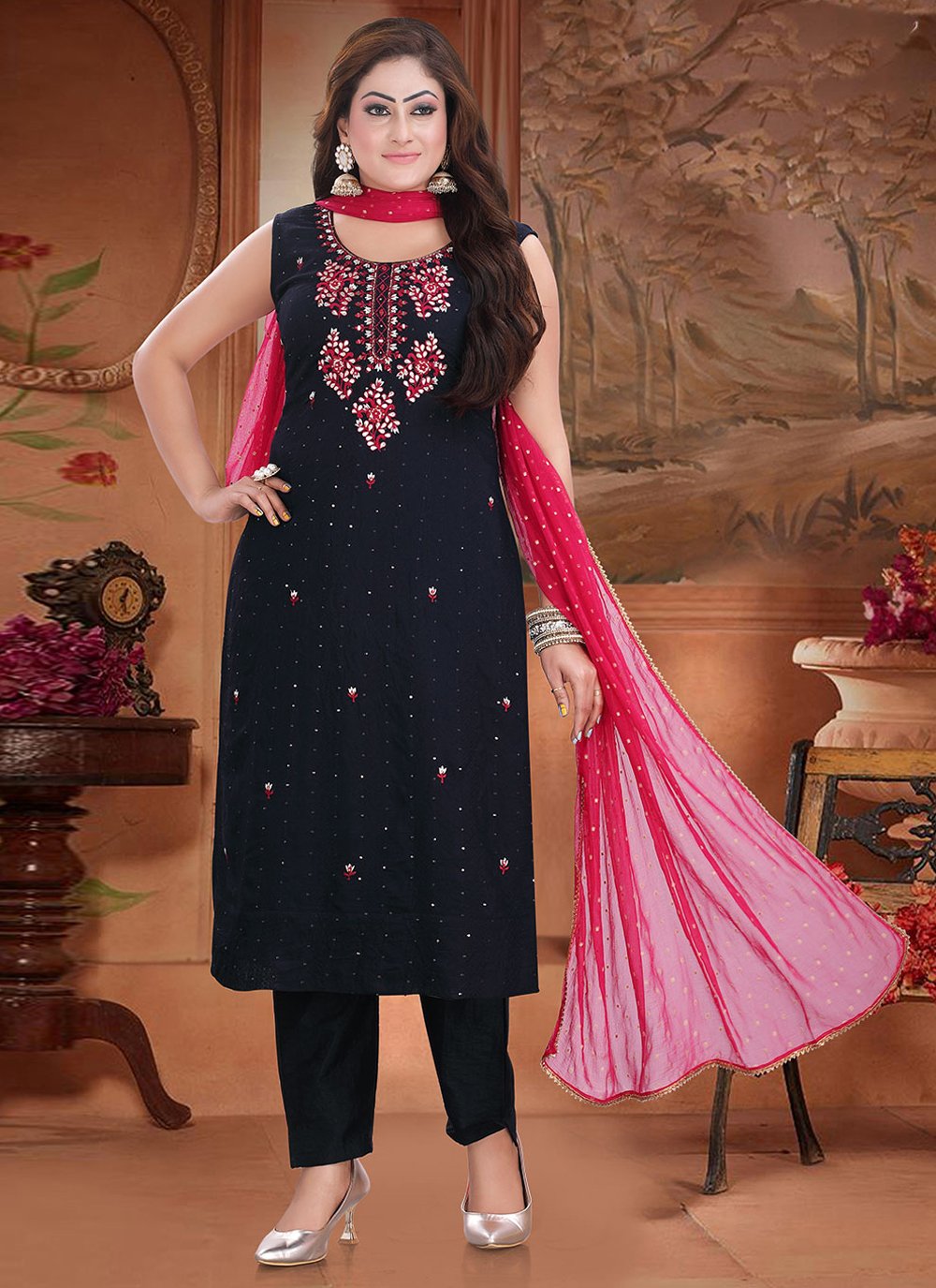 Pant Style Suit Silk Blue Embroidered Salwar Kameez