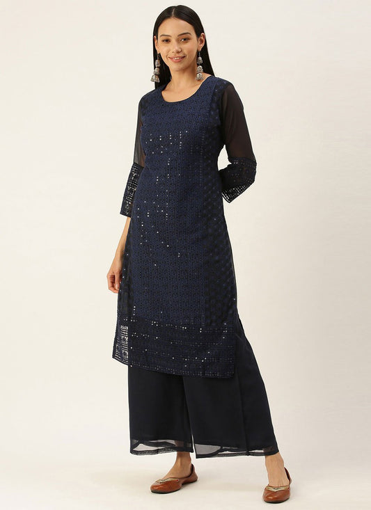 Party Wear Kurti Georgette Blue Embroidered Kurtis