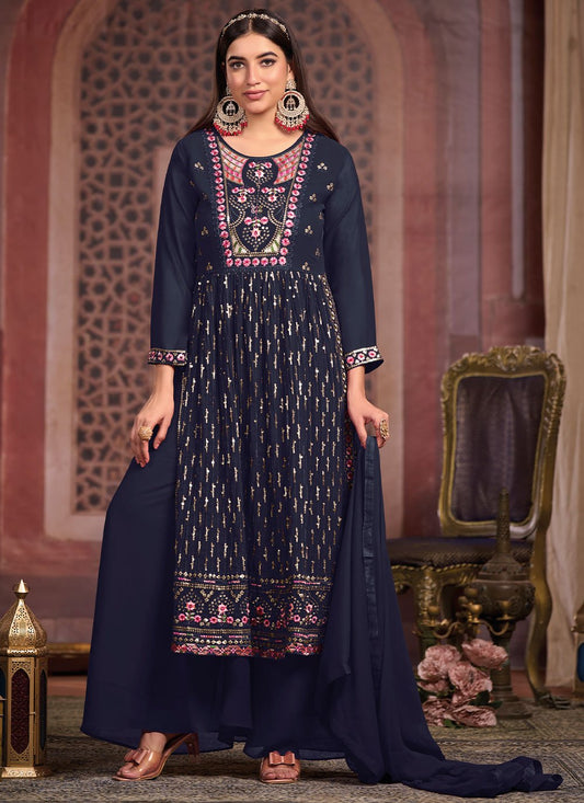 Salwar Suit Georgette Blue Embroidered Salwar Kameez
