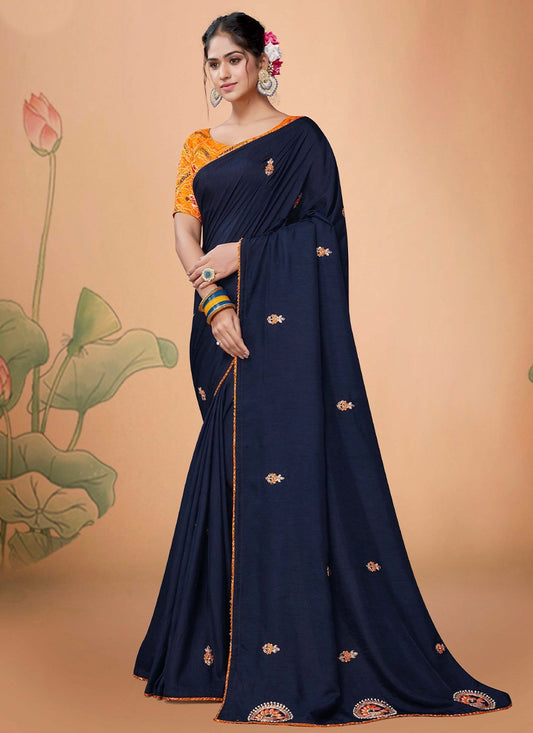 Classic Silk Blue Embroidered Saree