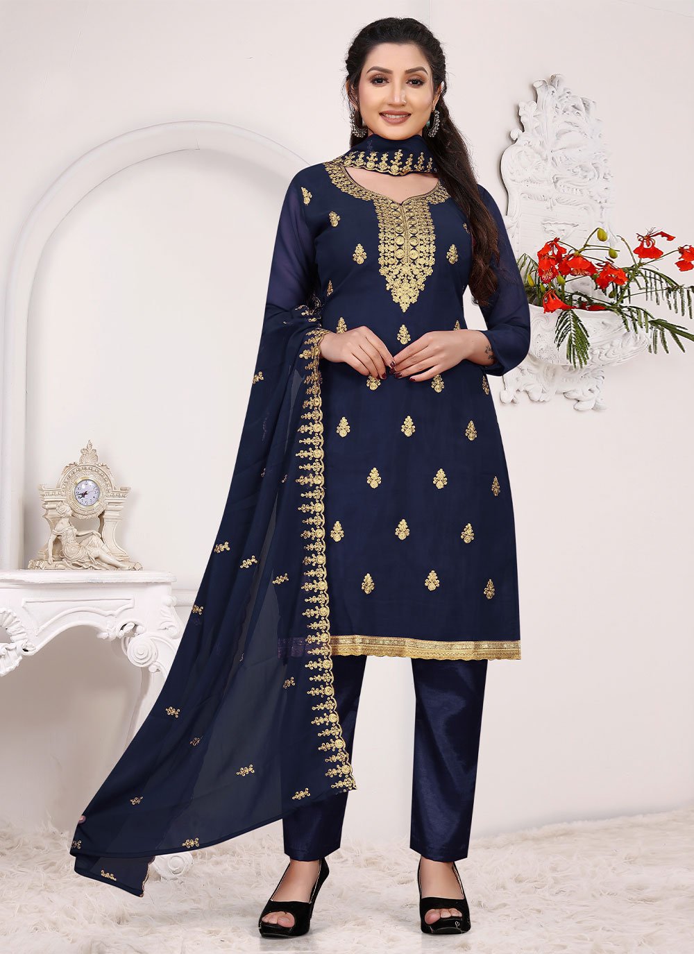 Straight Salwar Suit Faux Georgette Blue Embroidered Salwar Kameez