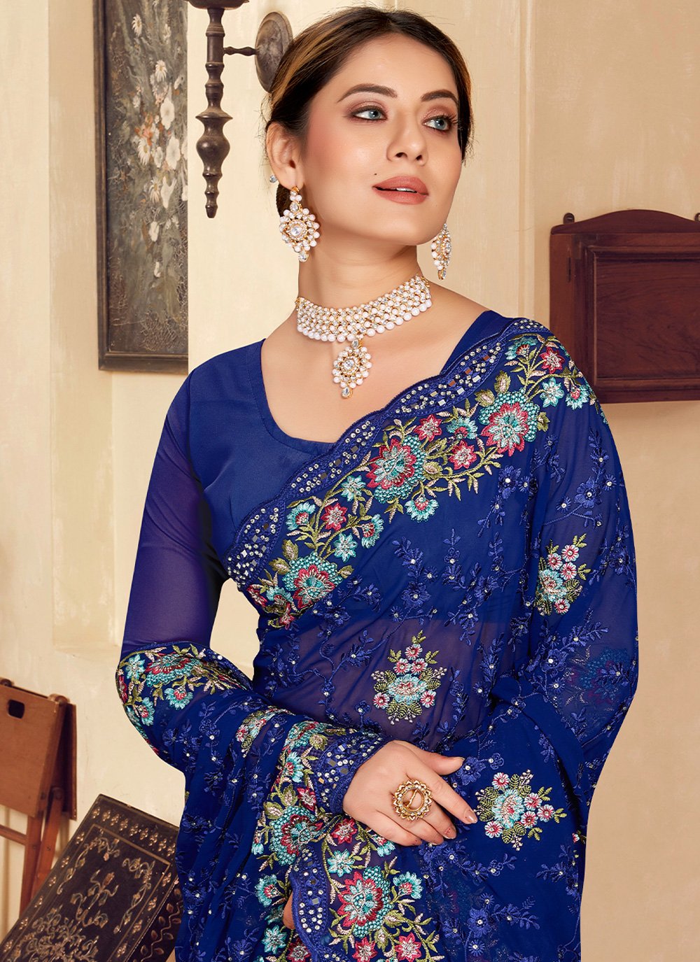 Trendy Saree Georgette Blue Embroidered Saree