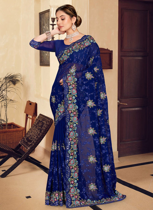 Trendy Saree Georgette Blue Embroidered Saree