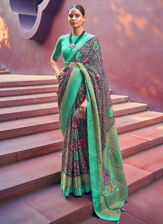 Contemporary Brasso Blue Paisley Print Saree