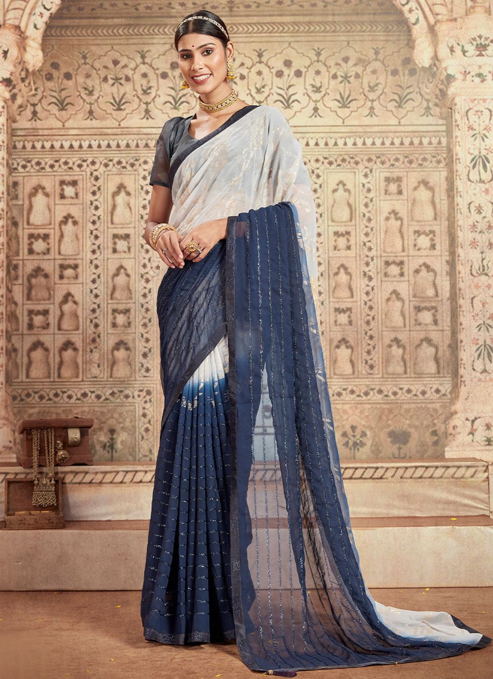 Contemporary Georgette Blue Embroidered Saree