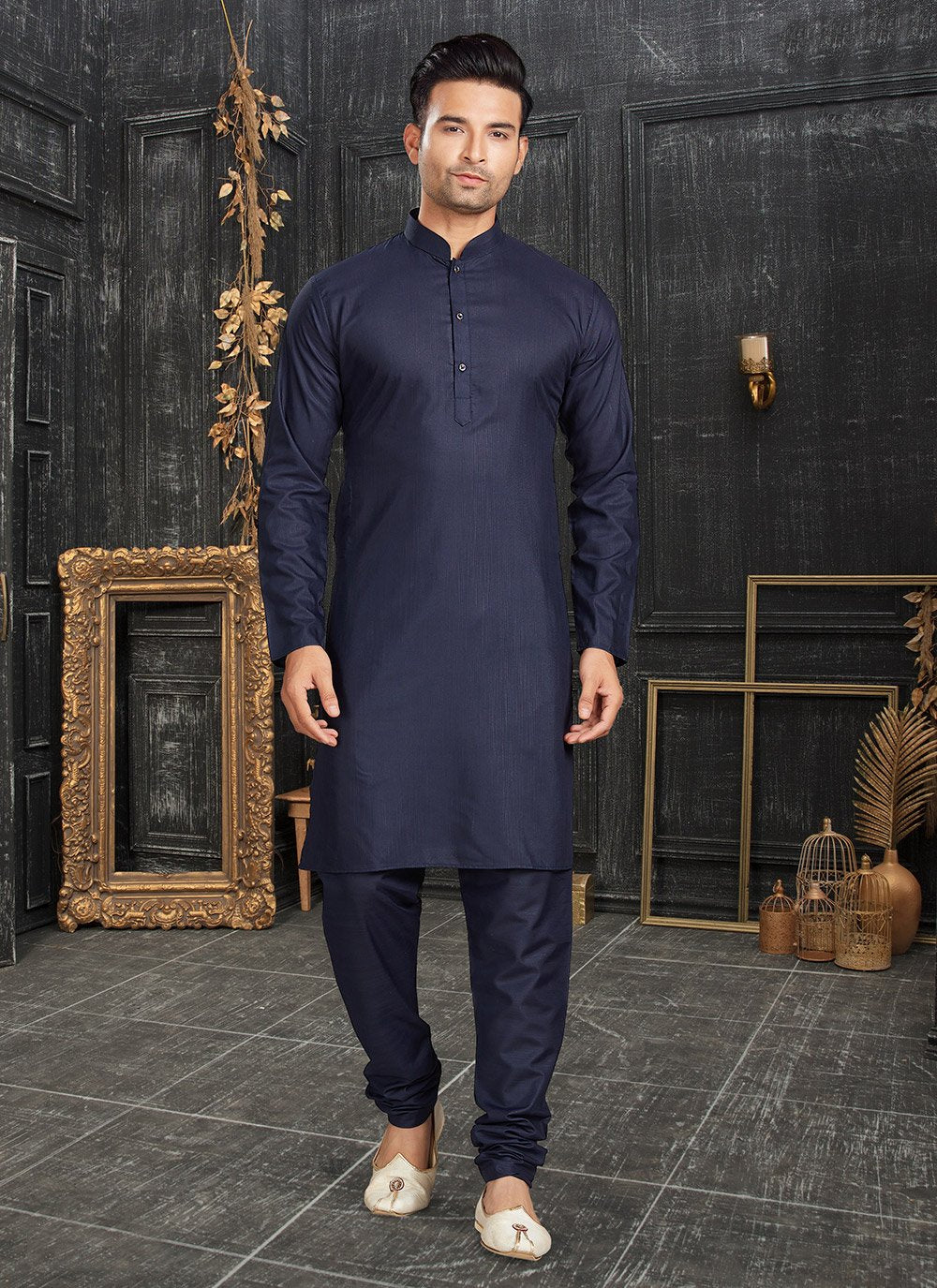 Kurta Pyjama Cotton Blue Plain Mens